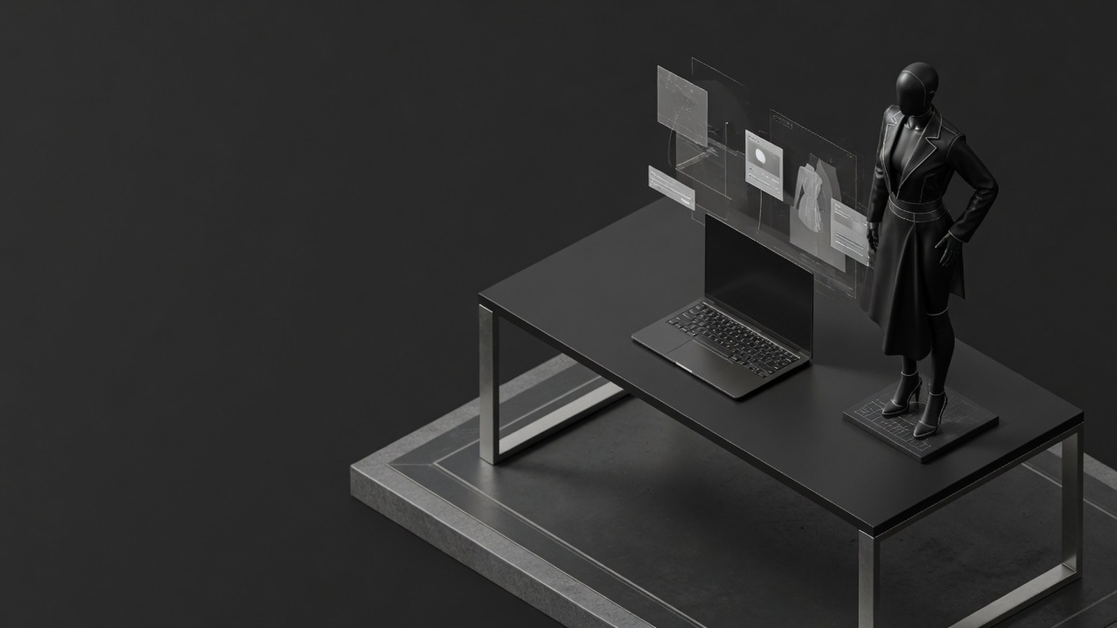 Isometric goddess at a design workbench with laptop and holographic UI