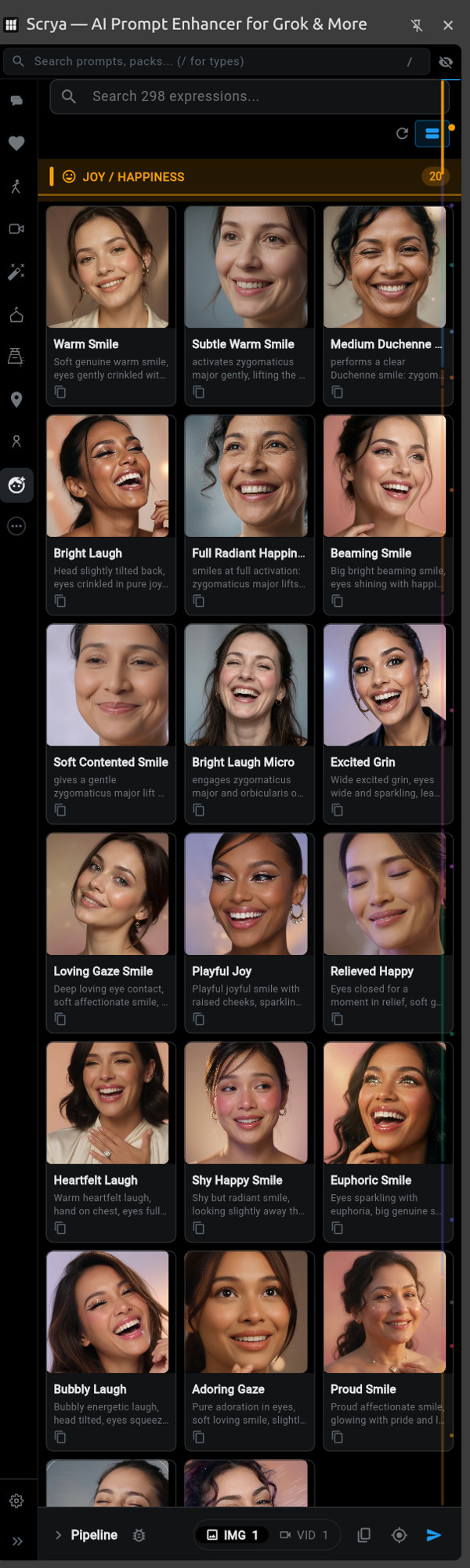 Expression pack cards in the Scrya Chrome extension